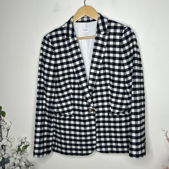 J. CREW Wool-Blend One Button Blazer Buffalo Check Plaid Black White Sz 10 {200} - Picture 3 of 7